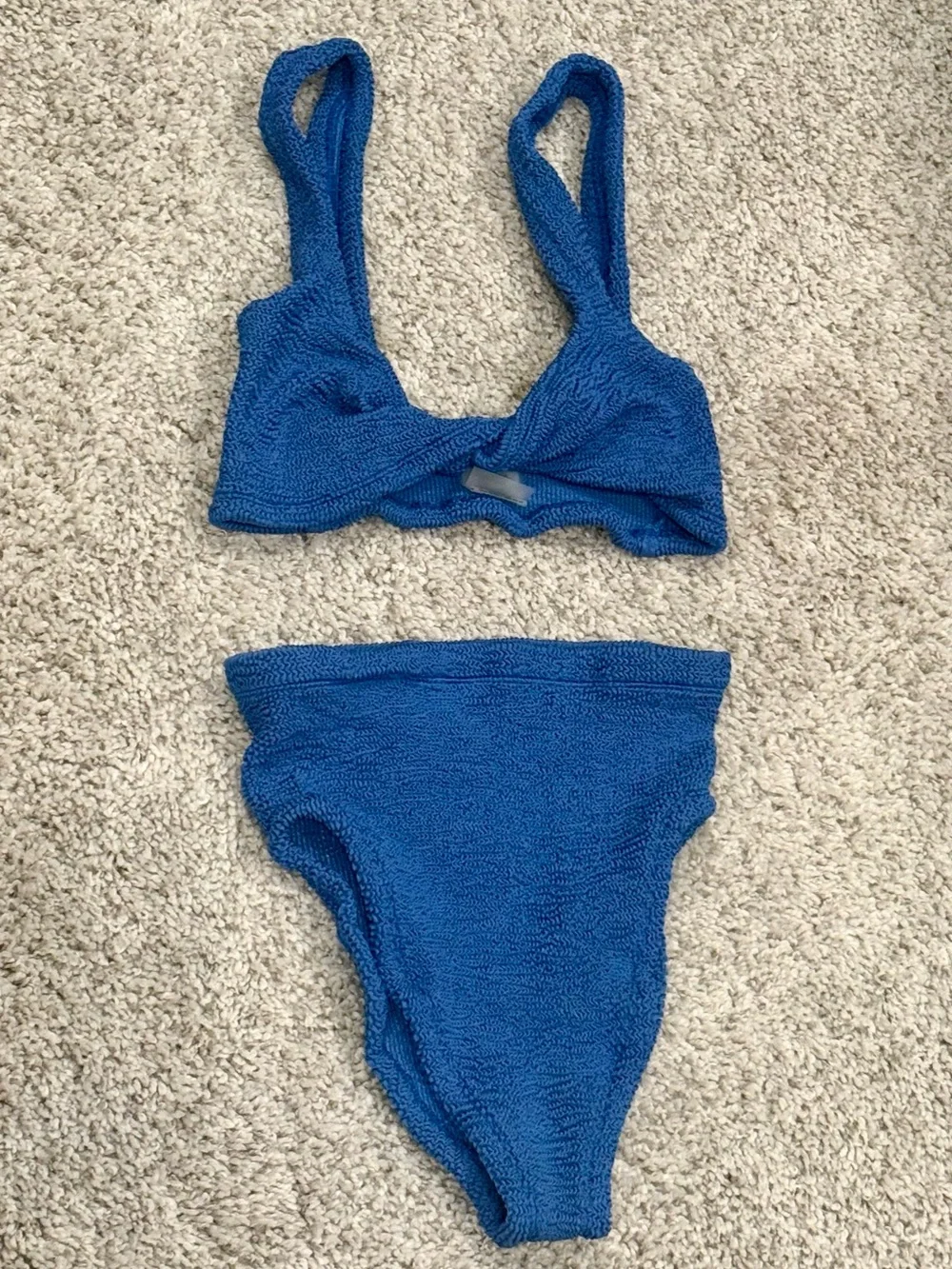 New Hunza G Jamie Textured High-Waisted Bikini in Blue Metallic Denim $456 MSRP